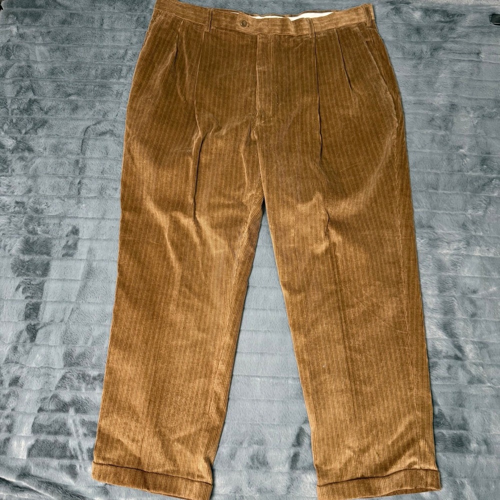 Louis Raphael Tailored Mens Brown Pleated Corduroy Pants 42x30 Cuffed Straight